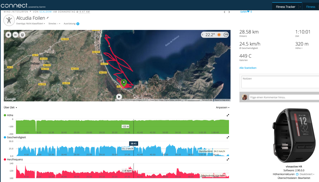 Garmin Vivoactive HR vs. Garmin Forerunner 235. Kite-Hydrofoiling auf Mallorca, Bucht von Pollensa